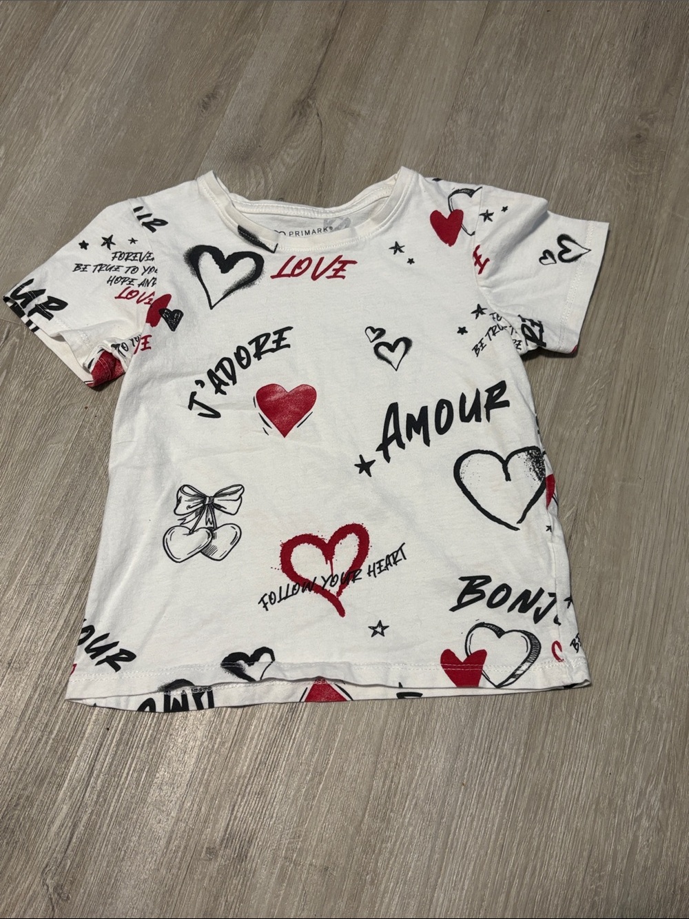 Primark White Tee with Red & Black Heart Print